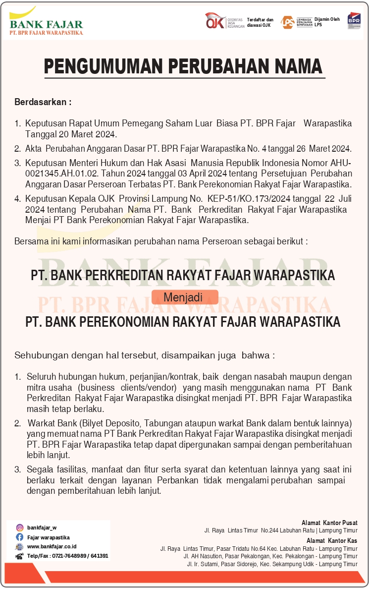 pengumuman BANK FAJAR